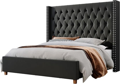 Jocisland Queen Size Bed Frame with 61.4" Tall Headboard, Velvet Upholstered Wingback Platform Design, Handcrafted Pleats& Deep Button Tufted, Solid Wood Legs, No Box Spring Needed, Black