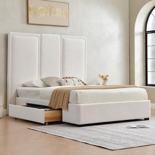 YUHUASHI Queen Size Bed Frame with 64-inch High Headboard, Simple and Airy Linen Upholstered Platform Bed with Storage Drawers, Wood Slat, No Noise (White, Queen (U.S. Standard))