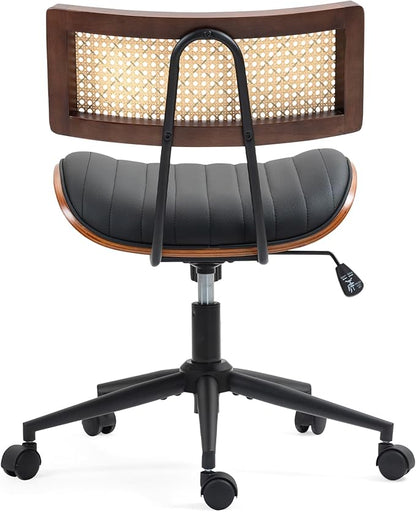 Home Office Chair with Wheels, Adjustable Height Desk Chair with Rattan Backrest, Leather Swivel Computer Chair, Armless Modern Walnut Chair for Office, Meeting Room, Black