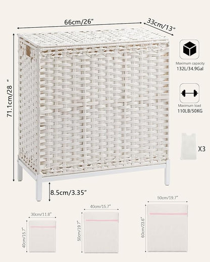 Laundry Hamper with Lid 132 L, (35 Gallons) Clothes Hamper with Lid, Handwoven Rattan Laundry Hamper with Metal Heightened Feet, Laundry Hampers with 3 Removable Liner Bags for Laundry-White