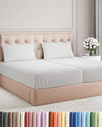 Split King Size 5 Piece Sheet Set - Comfy Breathable & Cooling Bed Sheets Set - Hotel Luxury Bedding for Women, Men, Kids, Teens, Boys & Girls - Deep Pockets & Wrinkle Free - Oeko-Tex - Grey Stripes 2
