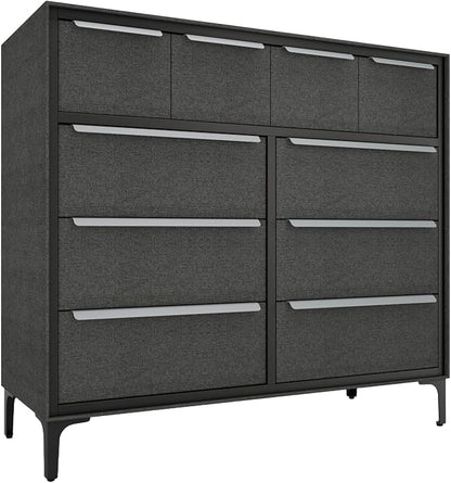 Naima Premium Fabric Dresser - Strong Metal Frame, 10 Spacious Sag-Proof Drawers with Sleek Metal Handles - Premium & Durable Storage Solution for Your Home (Charcoal)
