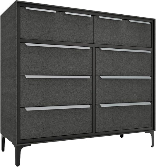 Naima Premium Fabric Dresser - Strong Metal Frame, 10 Spacious Sag-Proof Drawers with Sleek Metal Handles - Premium & Durable Storage Solution for Your Home (Charcoal)