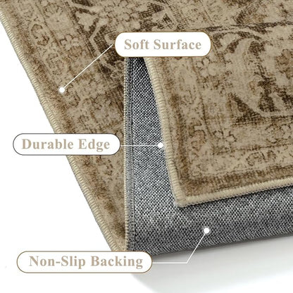 Brown 6x9 Area Rug Non Slip Vintage Living Room Distressed Machine Washable Carpet Retro Indoor Bedroom Traditional Floral Accent Throw Rug for Office Kitchen Dorm Dining Room