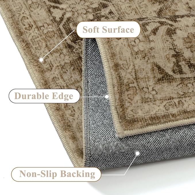 Brown 5x7 Area Rug Non Slip Vintage Living Room Distressed Machine Washable Carpet Retro Indoor Bedroom Floral Traditional Accent Throw Rug for Office Kitchen Dorm Dining Room
