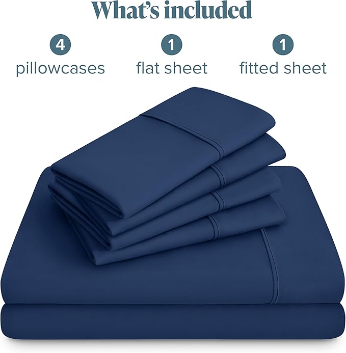 Bare Home Hotel Luxury Queen Sheet Set, Extra Soft - 6 Piece Set - Deep Pockets - Easy Fit - Cooling & Breathable - Wrinkle, Fade, Stain Resistant - Includes 4 Pillowcases (Queen, Dark Blue)