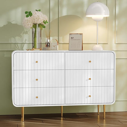 HLR Fluted 6 Drawers Dresser, 48'' Wide Modern Chest of Drawers with Gold Metal Handles,Dresser TV Stand, Wood Dressers & Chest of Drawers for Bedroom, Living Room, Hallway (White)