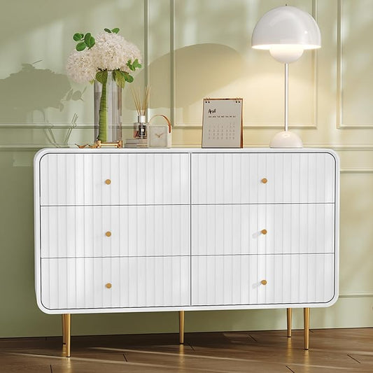 HLR Fluted 6 Drawers Dresser, 48'' Wide Modern Chest of Drawers with Gold Metal Handles,Dresser TV Stand, Wood Dressers & Chest of Drawers for Bedroom, Living Room, Hallway (White)