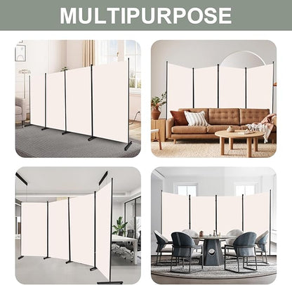 Room Divider Folding Privacy Screens with Wheels, 6FT Tall Divider for Room Separation, Movable Room Partitons and Dividers, Indoor Room Dividers Panel with Fabric (Beige, 4 Panel-136‘’-Round Pad)