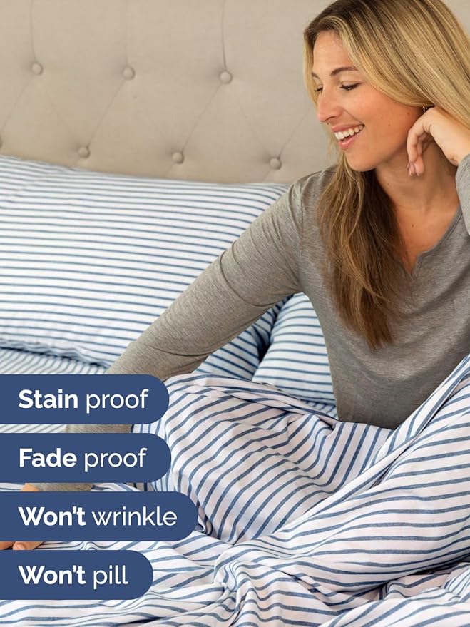 Extra Deep Split King Sheet Set - 7 Piece Breathable & Cooling Sheets - Hotel Luxury Bed Sheets Set - Easy Fit - Soft, Wrinkle Free & Comfy Sheets Set - Blue Striped Sheet Set w/Extra Deep Pockets