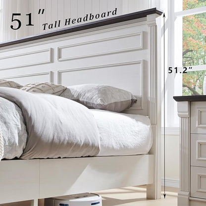 Farmhouse King Size Bed Frame with 51" Tall Headboard, Wood Platform Bed Frame with 20" Tall Roman Column Decoration Footboard & 3 Large Storage Drawers, No Box Spring Needed (White)