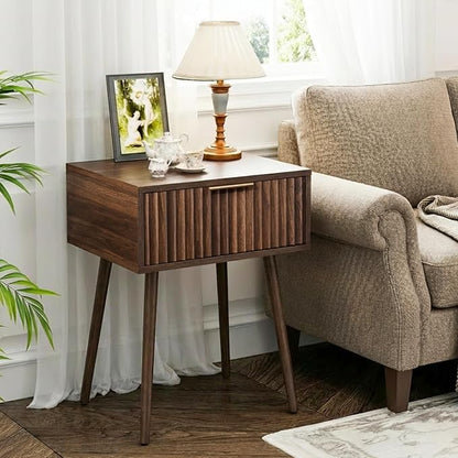 VINGLI Nightstands Set of 2, Fluted Night Stand with Drawer, Bedside Table, Wood Nightstand for Bedroom, Mid Century Modern End Tables, Walnut, 18.9" W*14.96" D*24" H
