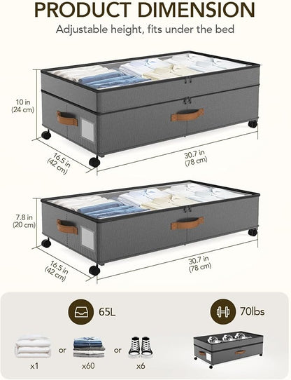 4 Pack Under Bed Storage with Wheels, Adjustable Height Storage Containers, 10 inches Large Capacity Rolling Underbed with Lids, Storage Drawers Shoes, Clothes, Blankets, Grey