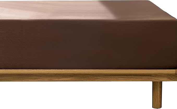 MooMee Fitted Bottom Sheet Only 100% Washed Cotton Linen Like Textured Breathable Durable Soft Comfy Deep Pocket Fits Mattress up to 17" (Cocoa Brown, King)