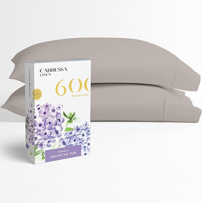 Carressa Linen 100% Egyptian Cotton Pillow Cases Queen Size Set of 2 - Luxury 600 Thread Count Taupe Standard/Queen Size Pillowcases, Silky Soft, Cooling Sateen Weave Hotel Quality Bed Pillow Cover