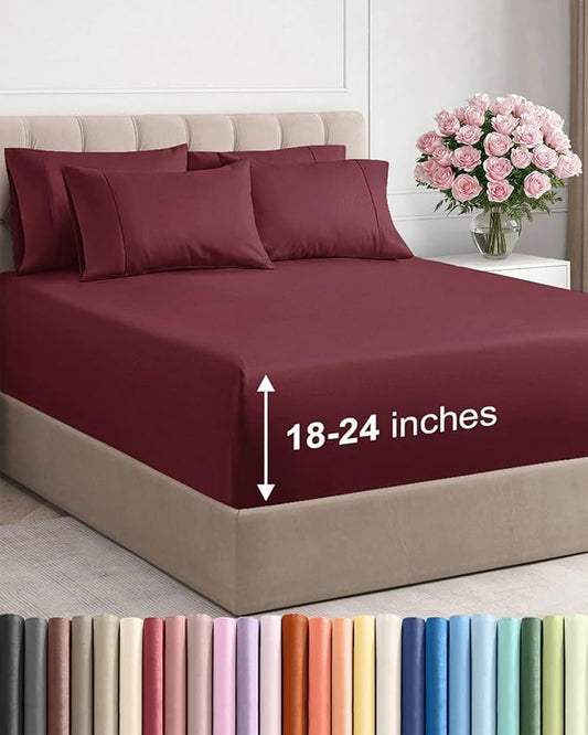 Extra Deep Cal King Sheet Set - 6 Piece Breathable and Cooling Sheets - Hotel Luxury Bed Sheets Set - Easy Fit - Soft, Wrinkle Free and Comfy Sheets Set - Burgundy Sheet Set with Extra Deep Pockets