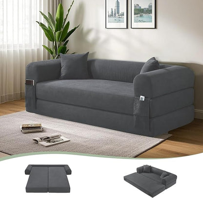 80” Convertible Sofa Bed, Cloud Boneless Couch Floor Sleeper Bed with Pillows, Corduroy Compression Sofa in Box, No Assembly Modular Lounge Couch for Living Room, Smog Gray