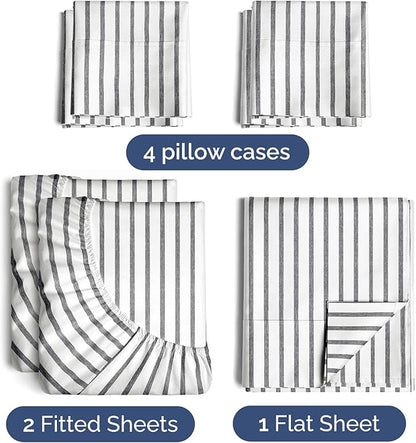 Split King 7 Piece Sheet Set - Cooling & Breathable - Hotel Luxury Bedding Includes Fitted Sheets for Women, Men, Kids & Teens - 1 Flat, 2 Fitted Sheets, 4 Pillowcases w/Deep Pockets - Grey Stripes