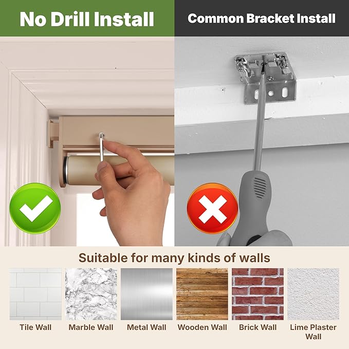 HESTIA No Drill Cordless Blackout Roller Shades Screwless Waterproof Shower Window Blinds, Auto-Retraction Easy Install Blind for Bathroom/Kitchen/Office/Exterior, Greige, 28.5" W x 54" H