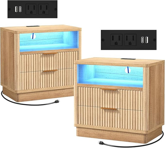 ELYKEN Wood Fluted Nightstand Set of 2, 24" Wide Night Stand with Charging Station & LED Lights, 2 Pack Bedside Table with 2 Drawers and USB & Type-C Port for Bedroom