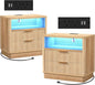 ELYKEN Wood Fluted Nightstand Set of 2, 24" Wide Night Stand with Charging Station & LED Lights, 2 Pack Bedside Table with 2 Drawers and USB & Type-C Port for Bedroom
