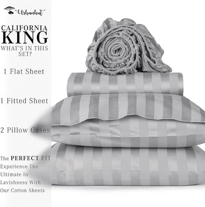 URBANHUT 800 Thread Count 100% Cotton Damask California King Size Sheets Set, 4 Piece Striped Cal King Size Bedsheets, Luxury Hotel Sheets Sateen Weave, 16" Elasticized Deep Pocket- Silver Grey