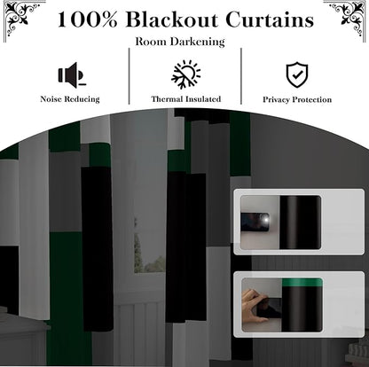 Green Blackout Curtains for Bedroom 63 inch Long 2 Panels Set Black Grey White Modern Abstract Geometric Black Out Curtains Insulated Room Darkening Window Drapes for Living Room, 52Wx63L