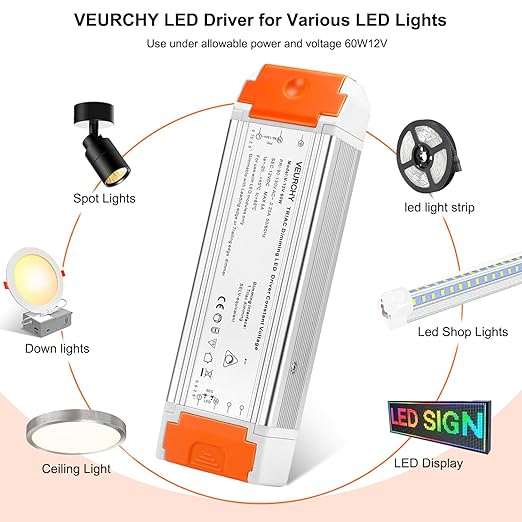 60W Dimmable LED Driver 12V DC Triac Constant Transformer, 120V AC to 12 Volt DC Lighting Low Voltage Power Supply, LED Light Transformer for Kitchens, Cabinets, Bedrooms 2 Pack