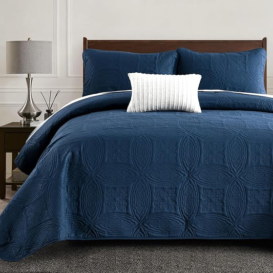 Yiran Navy Blue Quilt Set Queen Size Lightweight Bedspread Embossed Pattern Soft Microfiber Coverlet for All Season with 2 Pillow Shams (96"x90")