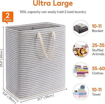 Lifewit 2 Pack Laundry Hamper Large Collapsible Laundry Baskets, Freestanding Waterproof Clothes Hamper with Easy Carry Handles in Laundry Room Bedroom Bathroom College Dorm for Adults, Gray, 2 x 100L