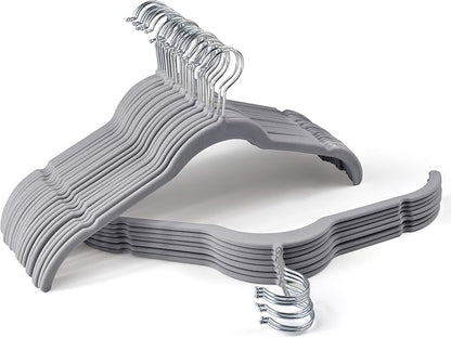 Premium Velvet Shirt Hangers 30 Pack, Space-Saving Non-Slip Felt Hanger with 360° Swivel Hook, Slim Flocked Hangers for Strappy Dresses, Blouses, Tank Tops(Grey)