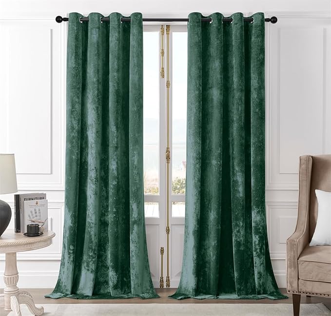 SMILETIME Forest Green Crushed Velvet Curtains 52x90 inch Luxurious Thermal Insulated Soundproof Drapes for Living Room Bedroom Office Soft and Durable Light-Filtering Window Treatments, 2 Panels
