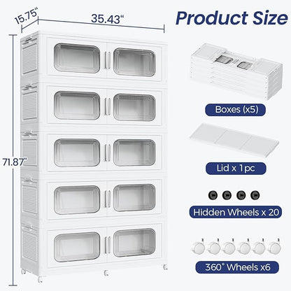 250 Gallon Extra Large Storage Bin with Lid and Wheels, Stackable Collapsible Plastic Storage Box with Door, Foldable Organizer for Closet, Kitchen, Office, Living Room, 5 Pack White