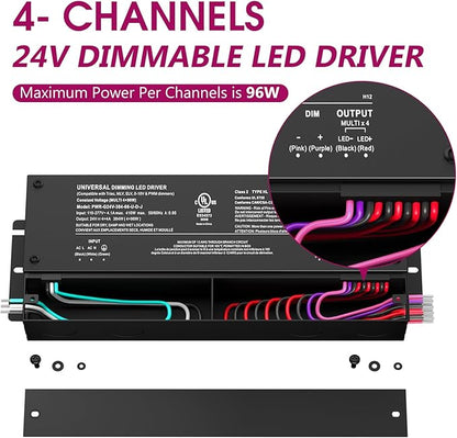 EMITEVER 384W Dimmable LED Driver, 24V 5-in-1 Dimmable Power Supply,4-Channels AC to DC Transformer for LED Light, Compatible with Lutron and Leviton Dimmer, Waterproof IP67 and UL Listed, Class 2