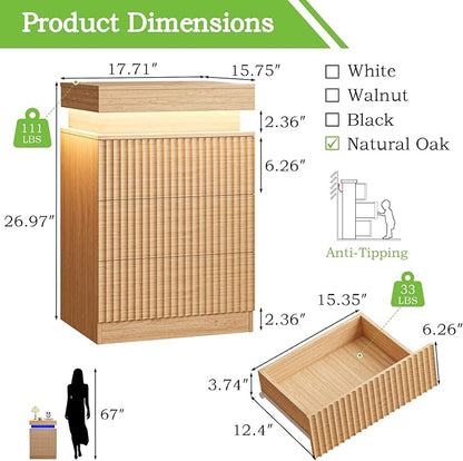 Nightstand with Charging Station & LED Lights, Small Modern Fluted Bedside & End Table with 3 Drawers, Sliding Top & Hidden Storage, Wooden Farmhouse Night Stand for Bedroom Office Sofa, Natural Oak