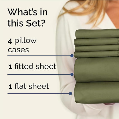 Full 6 Piece Sheet Set - Cooling, Comfy & Breathable - Hotel Luxury Bedding, Includes Fitted Sheet for Women, Men, Kids & Teens - 1 Flat, 1 Fitted Sheet, 4 Pillowcases with Deep Pockets - Sage Green