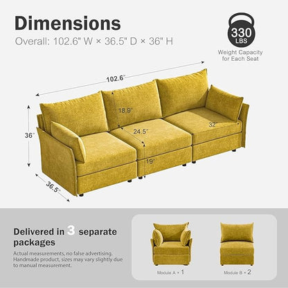 ABCASA 102.6" Modular Sectional Sofa, Oversized 3-Seater Yellow Orange Couch with Removable Chenille Fabric Cover, Deep Seat & High Backrest for Living Room, Office & Apartment