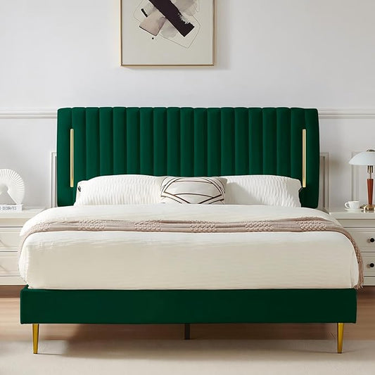 Queen Platform Bed Frame, Velvet Upholstered Bedframe with Vertical Channel Adjustable Headboard, Golden Plating Trim, Mattress Foundation with Wooden Slats, No Box Spring Needed, Green