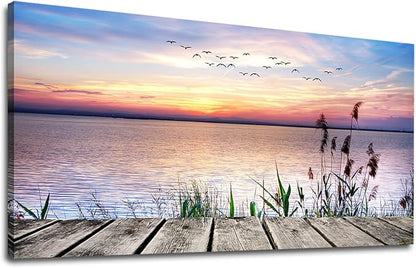 Canvas Wall Art Lake Dock Sunset Scenery Flying Birds Picture Large Beach Sunset Landscape Canvas Artwork Contemporary Nature Pictures for Living Room Bedroom Home Office Kitchen Wall Decor 20" x 40"