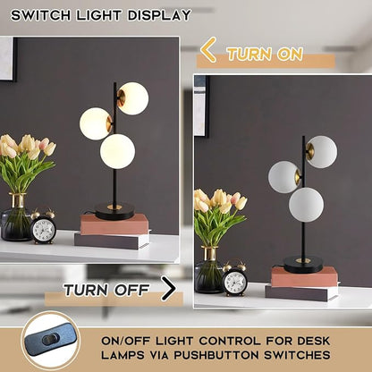 3-Light Black and Gold Table Lamp, Milk White Glass Globe Table Lamp for Nightstand, Mid Century Modern Bedside Lamps for Bedroom Living Room Office, G9 Base (Bulbs Not Included)
