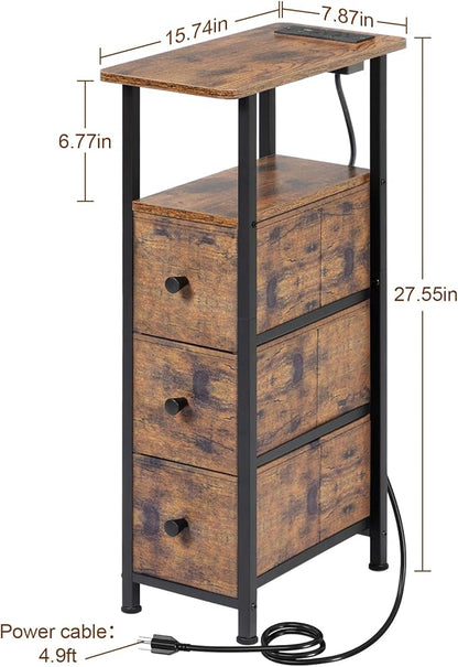 LOAKEKEL Narrow End Table Living Room with Charging Station, Skinny Side Table with Fabric Drawers, Slim Nightstand for Bedroom, Small Spaces, Couch, Rustic Brown, HETNDP03PBR-1