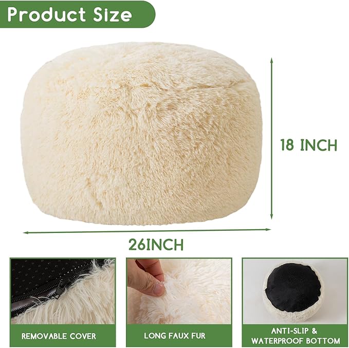 HIGOGOGO Round Stuffed Pouf Ottoman, Long Faux Fur Poufs with Foam Chunk Filling, Fluffy and Furry Pouf Foot Stool Storage Ottoman, 26 X 18 Floor Poufs Foot Rest for Living Room, White