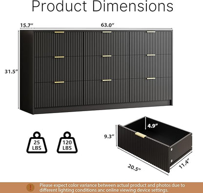 Black 9 Drawer Dresser for Bedroom, 63" Wide Modern Fluted Dresser with Gold Metal Handles, Chest of Drawers for Bedroom, Living Room, Entryway, Hallway