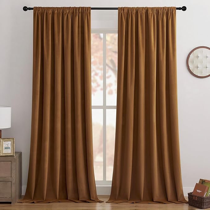 Joydeco Golden Brown 100% Blackout Curtains 96 Inch 2 Panels, Luxury Thermal Brown Velvet Curtains for Bedroom Living Room, Soundproof Blackout Window Drapes, Rod Pocket & Back Tab (52W x 96L)