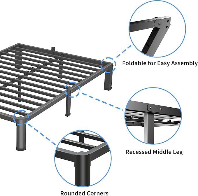 4 Inch Full Size Bed Frame, 3500Lbs Heavy Duty Metal Platform with Round Corner Legs Mattress Slide Stopper, Steel Slat Support No Box Spring Needed, Noise Free, Non-Slip, Easy Assembly
