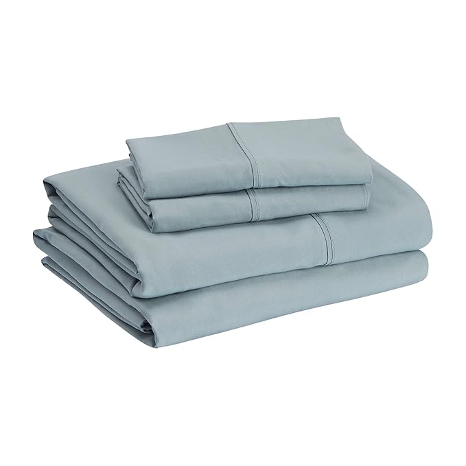 Amazon Basics Lightweight Super Soft, Wrinkle-Free Easy Care Microfiber 4 Piece Bed Sheet Set with 14-Inch Deep Pockets, Queen, Spa Blue, Solid