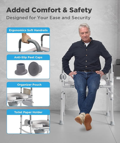 Bedside Commode for Seniors, FSA/HSA Eligible Bedside Toilet with Adjustable Width and Height, 400 LBS Weight Capacity, 16.5 Inch Extra Large Soft Seat Plate