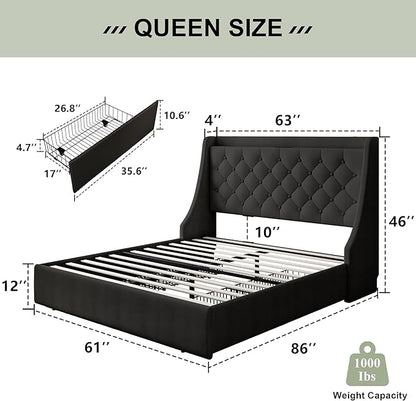 Feonase Upholstered Queen Size Bed Frame with 4 Storage Drawers, Storage Bed with Charging Station, Large Wingback Headboard, No Box Spring Needed, Black