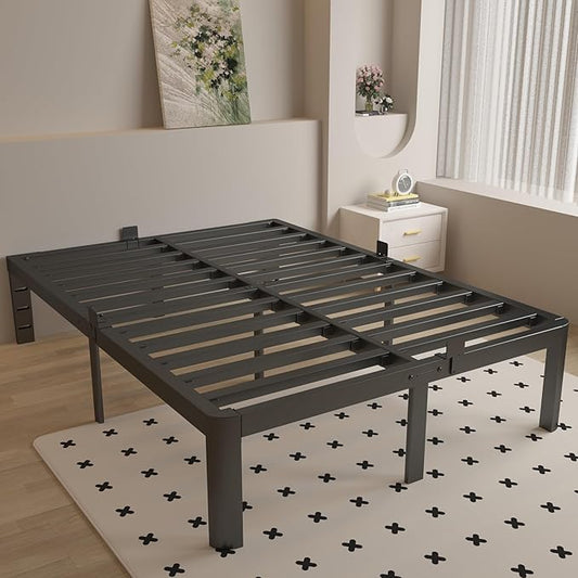 Full Size Bed Frame 16 Inch Black, Metal Platform Full Bed Frame with Baffles, No Box Spring Needed, Heavy Duty Steel Supprt, Rounded Corner Design, Reserved Holes, Noiseless, Easy Assembly