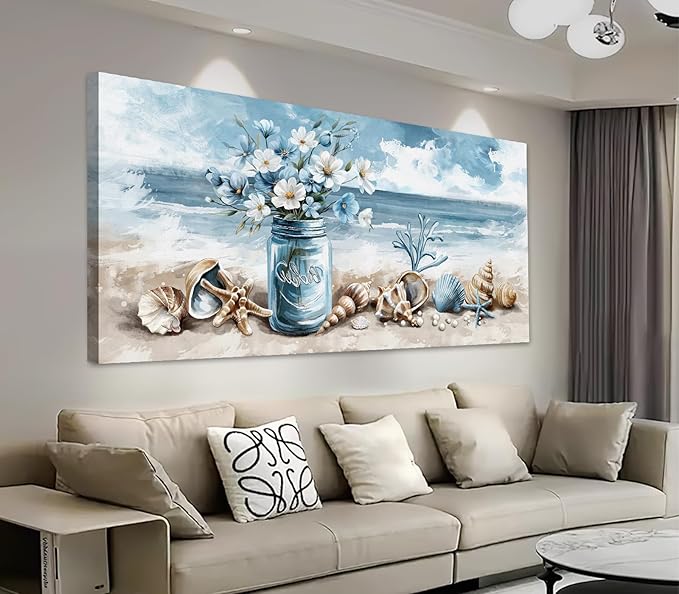 yearainn Coastal Canvas Wall Art - Rustic Jar Flowers Pictures Wall Decor Seashells Seaside Painting Artwork Ocean Landscape Prints for Living Room Bedroom Office Home Decor Ready to Hang 58" x 29"